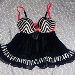 Victoria's Secret Black and White Striped Chemise with Pink Accents